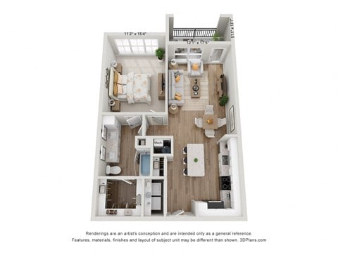 Floor plan for 1 bed, 1 bath, 838 sqft
